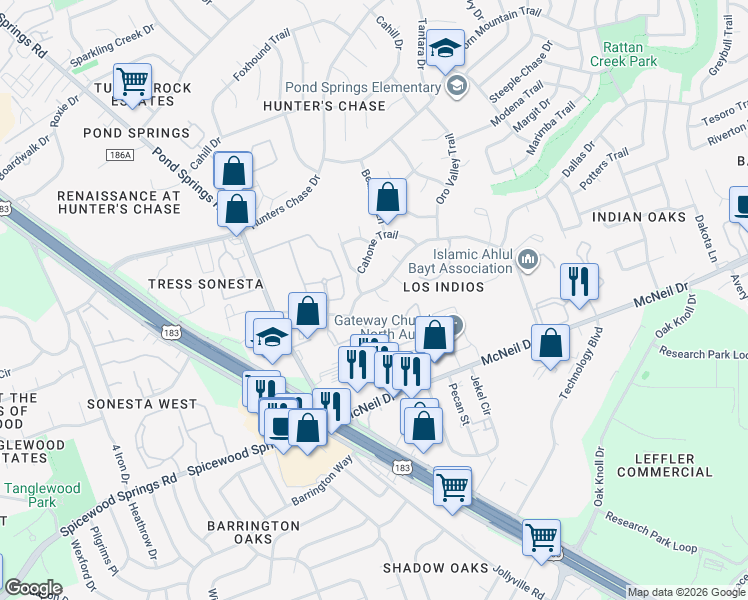 map of restaurants, bars, coffee shops, grocery stores, and more near 7807 Chimayo Cove in Austin