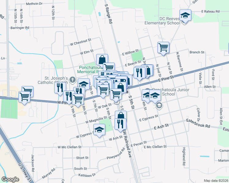 map of restaurants, bars, coffee shops, grocery stores, and more near in Ponchatoula
