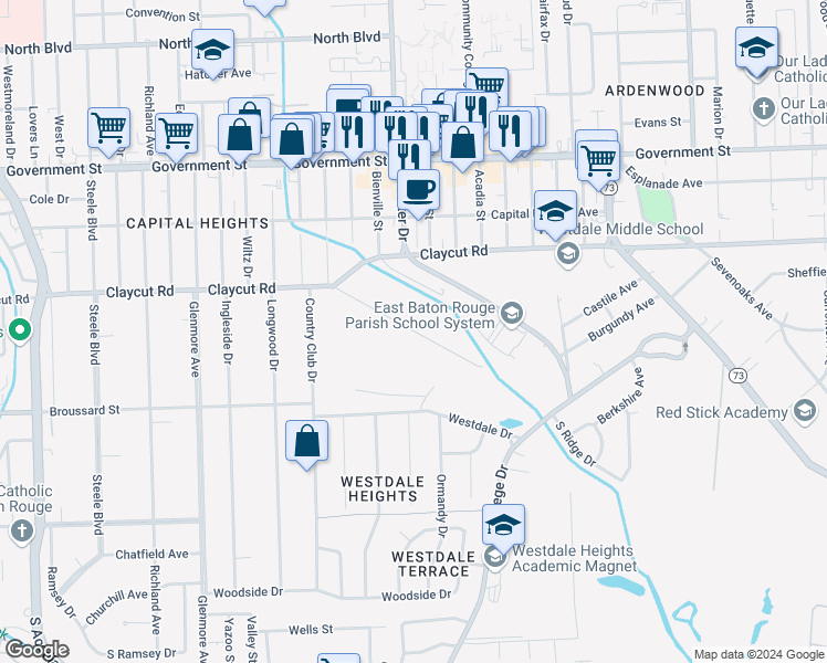 map of restaurants, bars, coffee shops, grocery stores, and more near 5141 Greenside Lane in Baton Rouge