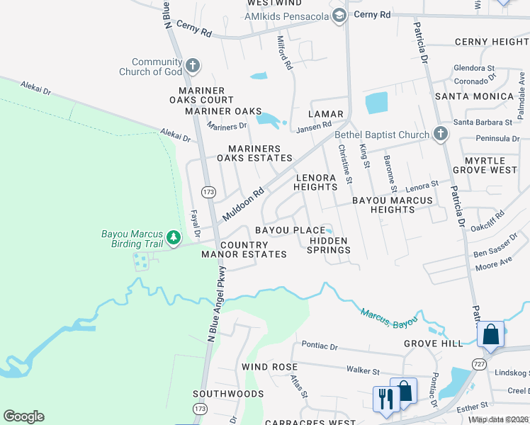 map of restaurants, bars, coffee shops, grocery stores, and more near 7935 Cayenne Way in Pensacola