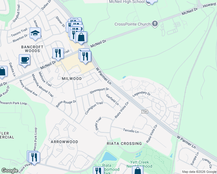 map of restaurants, bars, coffee shops, grocery stores, and more near 5700 West Parmer Lane in Austin
