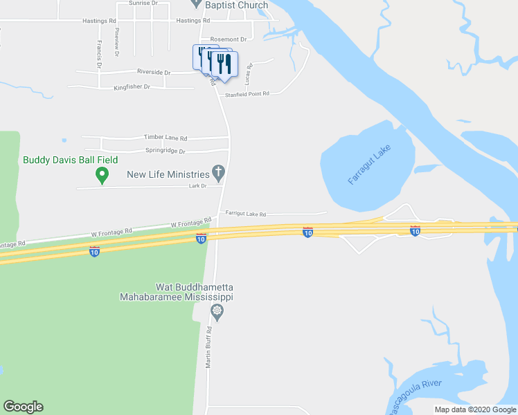 map of restaurants, bars, coffee shops, grocery stores, and more near 1136 Farrigut Lake Road in Gautier