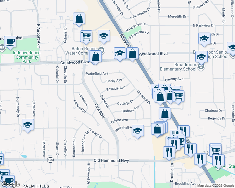 map of restaurants, bars, coffee shops, grocery stores, and more near 8832 Bayside Avenue in Baton Rouge