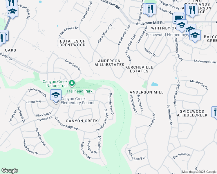 map of restaurants, bars, coffee shops, grocery stores, and more near 10801 Conchos Trail in Austin