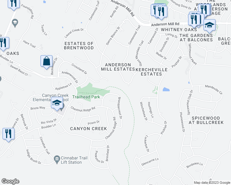 map of restaurants, bars, coffee shops, grocery stores, and more near 10644 Bramblecrest Drive in Austin