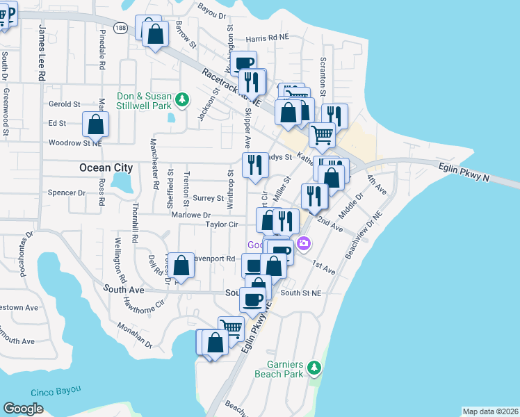 map of restaurants, bars, coffee shops, grocery stores, and more near 26 2nd Avenue in Fort Walton Beach