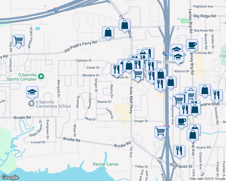 map of restaurants, bars, coffee shops, grocery stores, and more near 382 Nancy Drive in D'Iberville