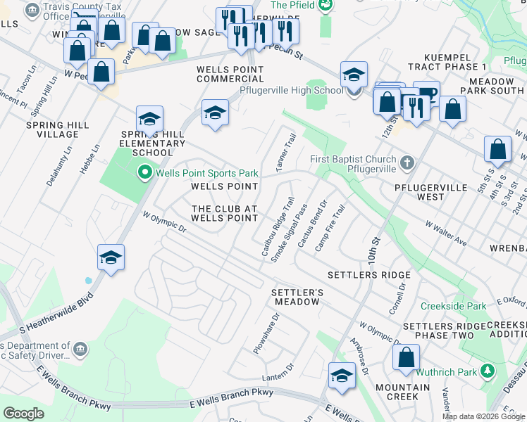 map of restaurants, bars, coffee shops, grocery stores, and more near 706 Runners Ridge in Pflugerville