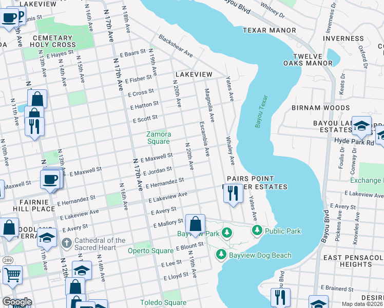 map of restaurants, bars, coffee shops, grocery stores, and more near 2110 North 20th Avenue in Pensacola