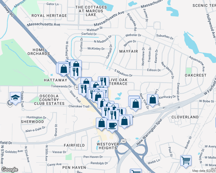 map of restaurants, bars, coffee shops, grocery stores, and more near 116 Saint Regis Drive in Pensacola
