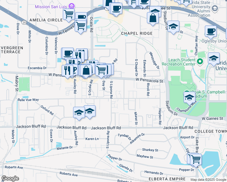 map of restaurants, bars, coffee shops, grocery stores, and more near 1861 West Pensacola Street in Tallahassee
