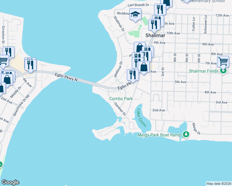 map of restaurants, bars, coffee shops, grocery stores, and more near 1004 Eglin Parkway in Shalimar