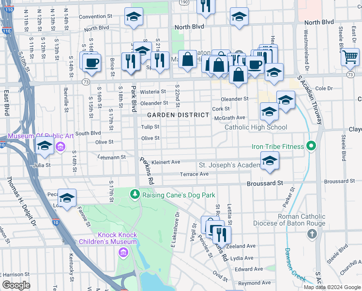 map of restaurants, bars, coffee shops, grocery stores, and more near 2169 Olive Street in Baton Rouge