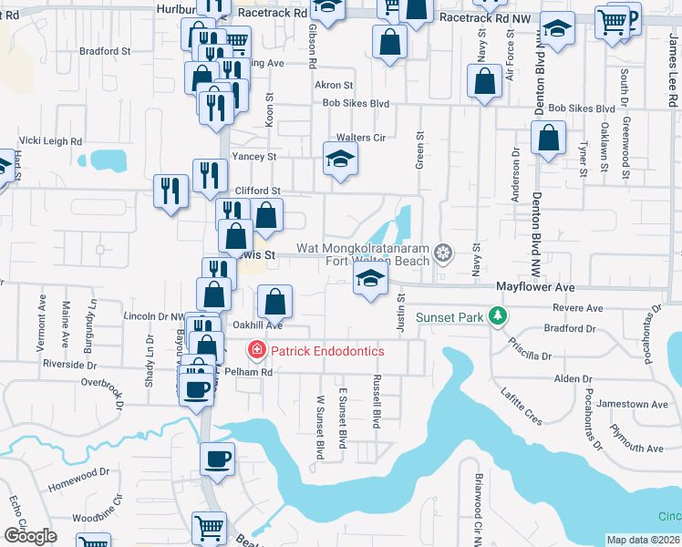 map of restaurants, bars, coffee shops, grocery stores, and more near 803 West Sunset Boulevard in Fort Walton Beach