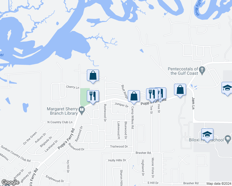 map of restaurants, bars, coffee shops, grocery stores, and more near 2070 Crane Ridge in Biloxi