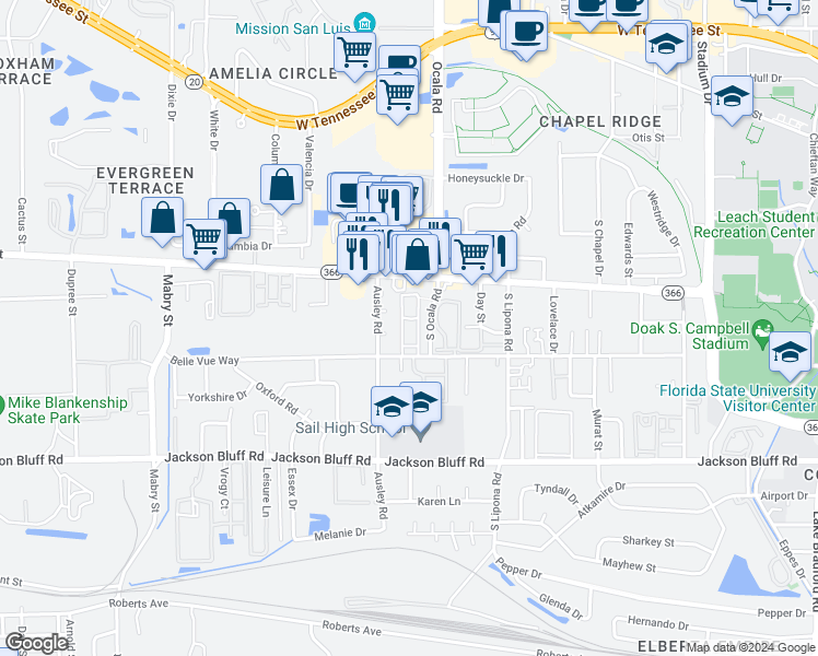 map of restaurants, bars, coffee shops, grocery stores, and more near 250 South Ocala Road in Tallahassee