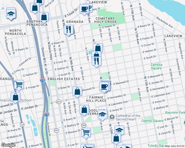 map of restaurants, bars, coffee shops, grocery stores, and more near 1115 East Scott Street in Pensacola