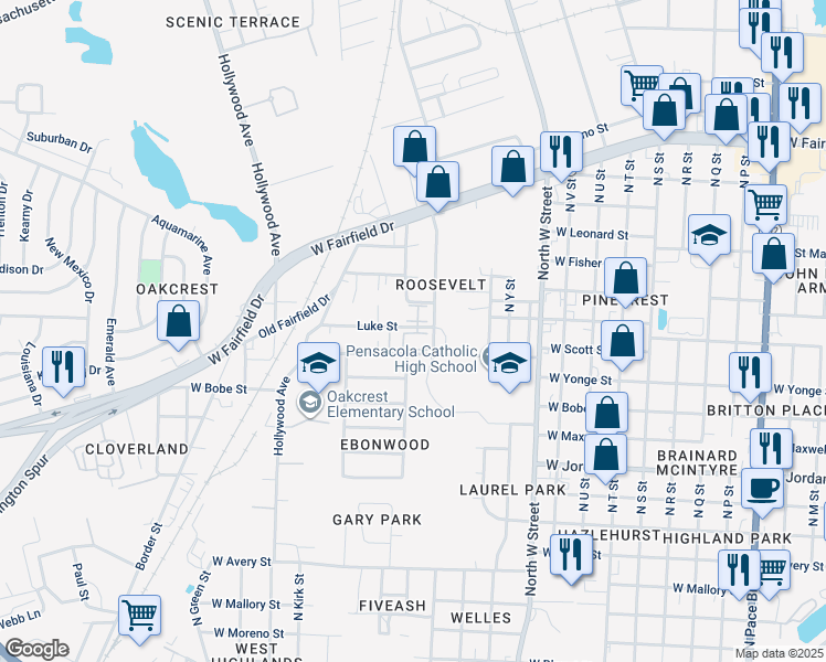 map of restaurants, bars, coffee shops, grocery stores, and more near 3300 West Scott Street in Pensacola