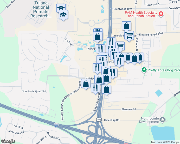 map of restaurants, bars, coffee shops, grocery stores, and more near 140 Holiday Boulevard in Covington