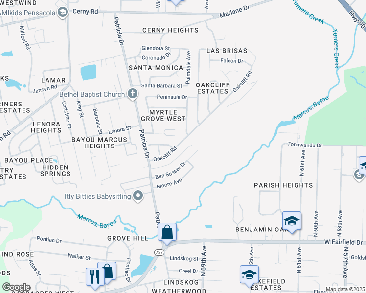 map of restaurants, bars, coffee shops, grocery stores, and more near 7045 Oakcliff Road in Pensacola