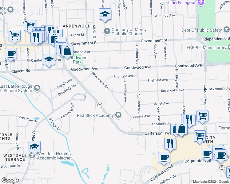 map of restaurants, bars, coffee shops, grocery stores, and more near 6550 Sevenoaks Avenue in Baton Rouge