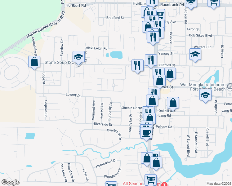 map of restaurants, bars, coffee shops, grocery stores, and more near 592 Summerbrooke Park Road in Fort Walton Beach