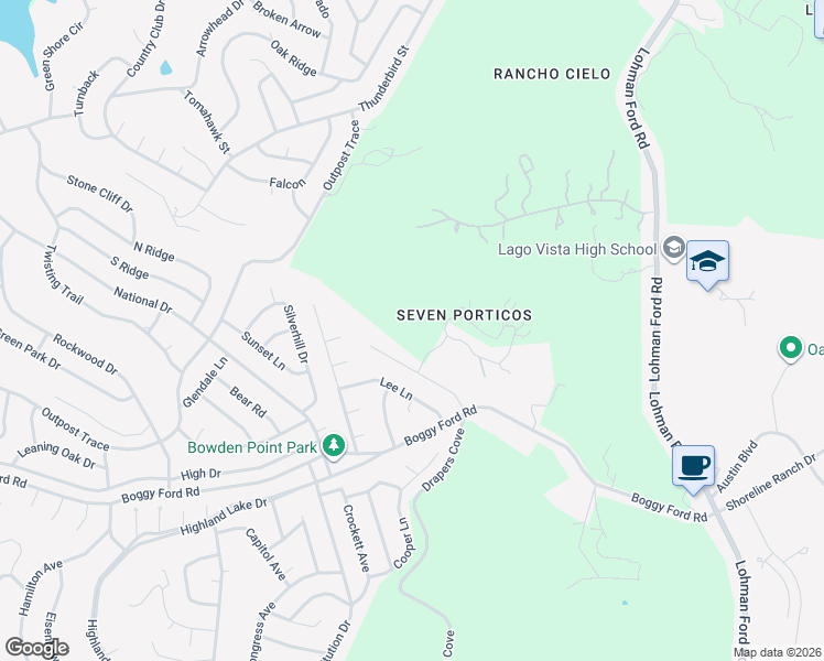 map of restaurants, bars, coffee shops, grocery stores, and more near 20110 Victoria Chase in Lago Vista