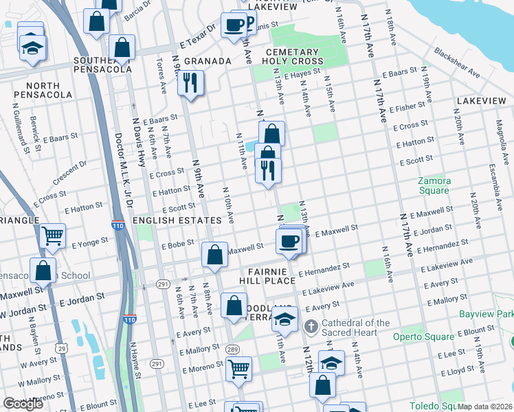 map of restaurants, bars, coffee shops, grocery stores, and more near 1115 East Scott Street in Pensacola