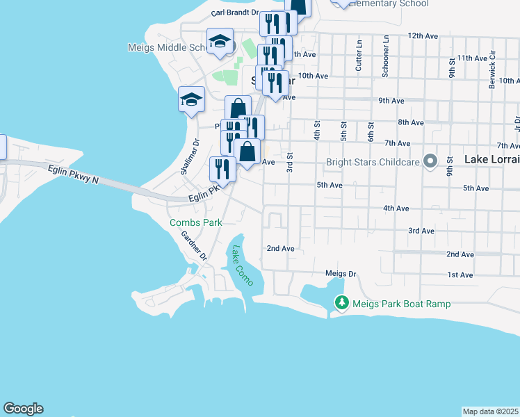 map of restaurants, bars, coffee shops, grocery stores, and more near 2 Meigs Drive in Shalimar