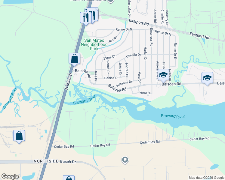 map of restaurants, bars, coffee shops, grocery stores, and more near 284 Baisden Road in Jacksonville