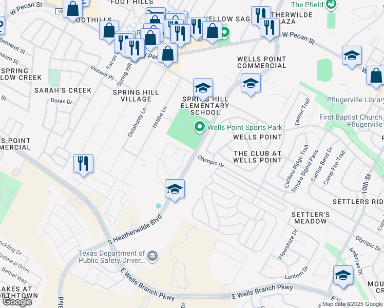 map of restaurants, bars, coffee shops, grocery stores, and more near 910 Point Run Drive in Pflugerville