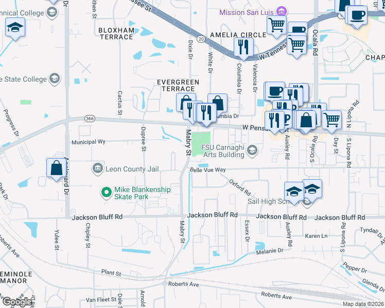map of restaurants, bars, coffee shops, grocery stores, and more near in Tallahassee