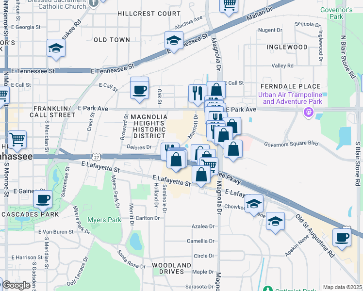 map of restaurants, bars, coffee shops, grocery stores, and more near 329 Marriott Drive in Tallahassee