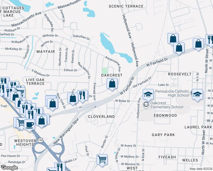 map of restaurants, bars, coffee shops, grocery stores, and more near 202 Topaz Avenue in Pensacola