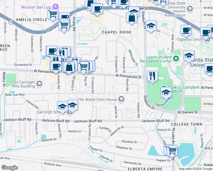 map of restaurants, bars, coffee shops, grocery stores, and more near 237 Lovelace Drive in Tallahassee