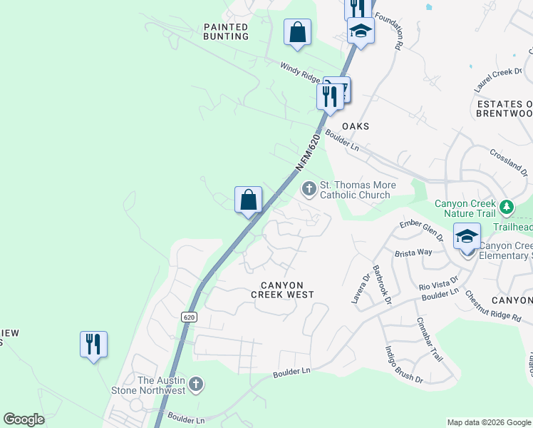 map of restaurants, bars, coffee shops, grocery stores, and more near 9877 North FM 620 in Austin