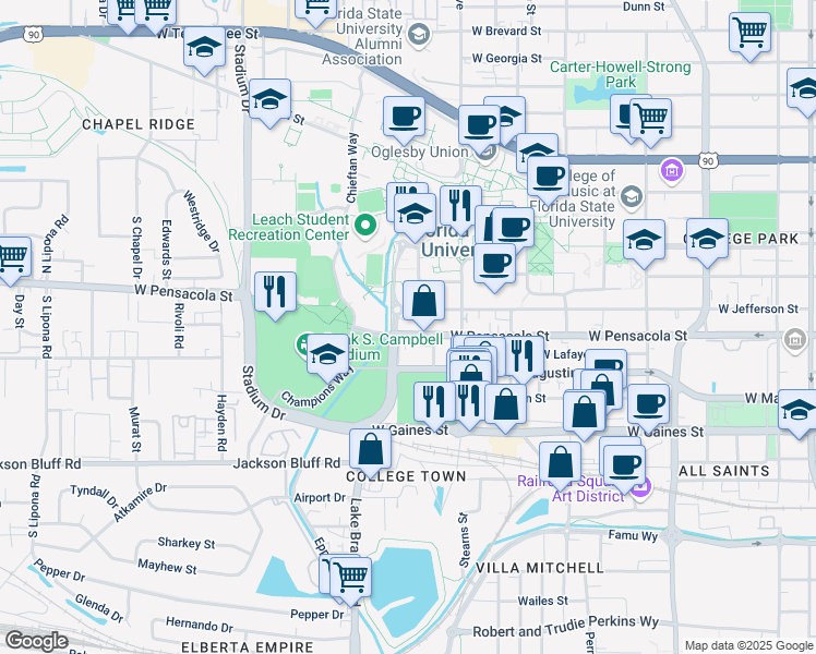 map of restaurants, bars, coffee shops, grocery stores, and more near 945 West Jefferson Street in Tallahassee