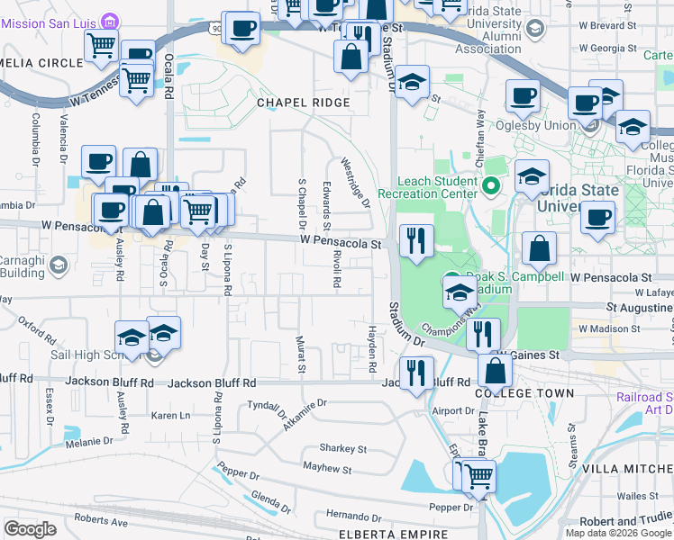 map of restaurants, bars, coffee shops, grocery stores, and more near 207 Rivoli Road in Tallahassee