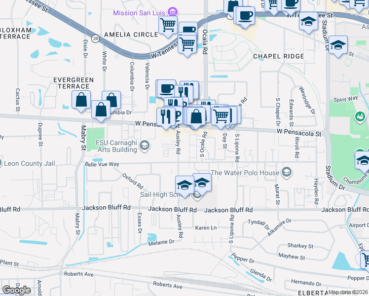 map of restaurants, bars, coffee shops, grocery stores, and more near 2034 Harold Court in Tallahassee