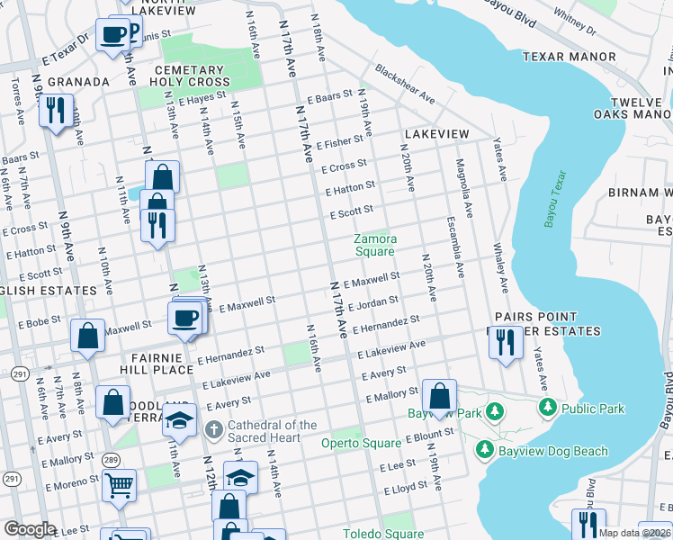 map of restaurants, bars, coffee shops, grocery stores, and more near 1704 East Bobe Street in Pensacola