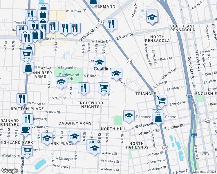 map of restaurants, bars, coffee shops, grocery stores, and more near 806 West Cross Street in Pensacola