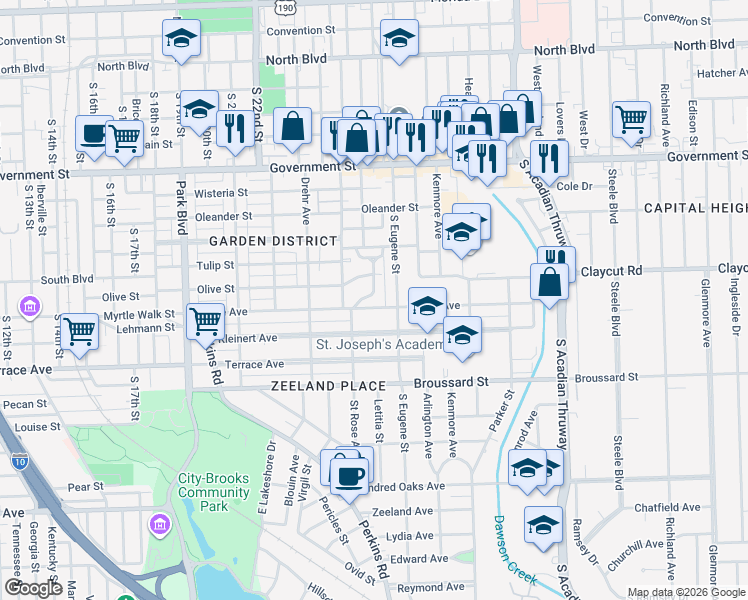 map of restaurants, bars, coffee shops, grocery stores, and more near 1004 Rittiner Drive in Baton Rouge