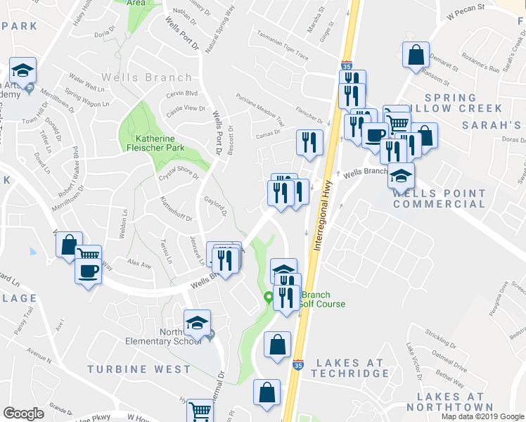 map of restaurants, bars, coffee shops, grocery stores, and more near Highway 1 Loop in Austin