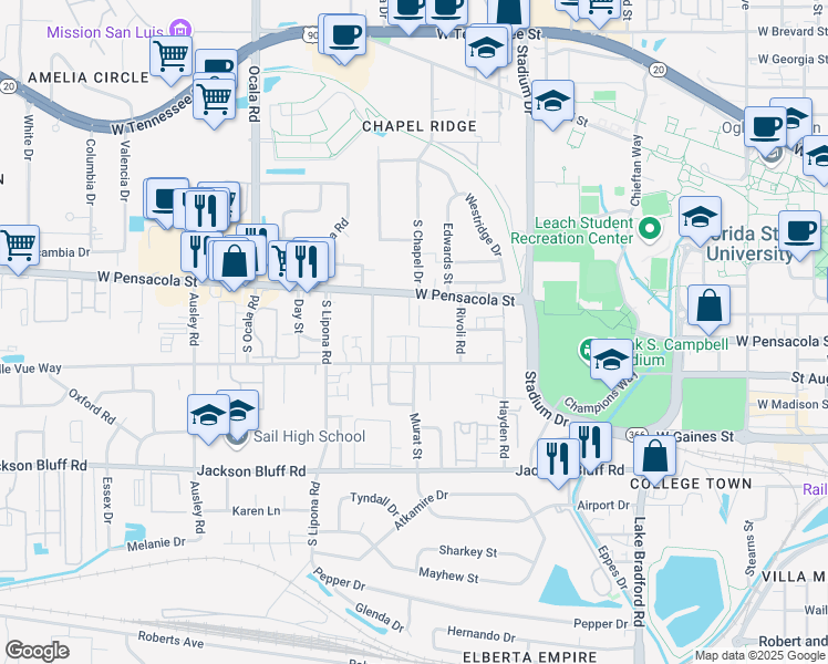 map of restaurants, bars, coffee shops, grocery stores, and more near 238 Dalton Court in Tallahassee