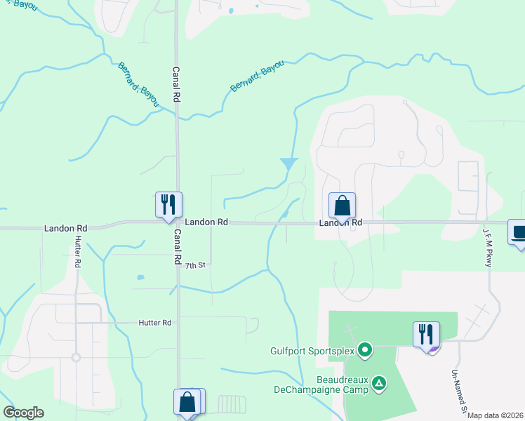 map of restaurants, bars, coffee shops, grocery stores, and more near 17406 Landon Road in Gulfport