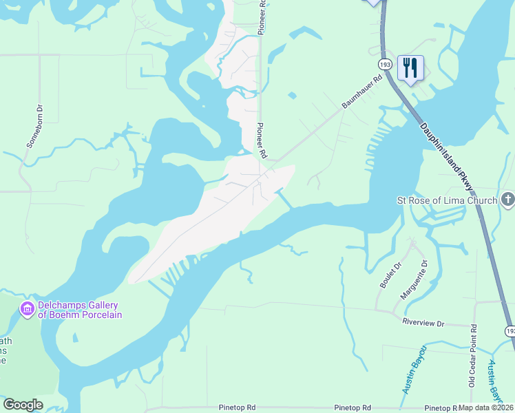 map of restaurants, bars, coffee shops, grocery stores, and more near 3615 Bebee Point Drive in Theodore
