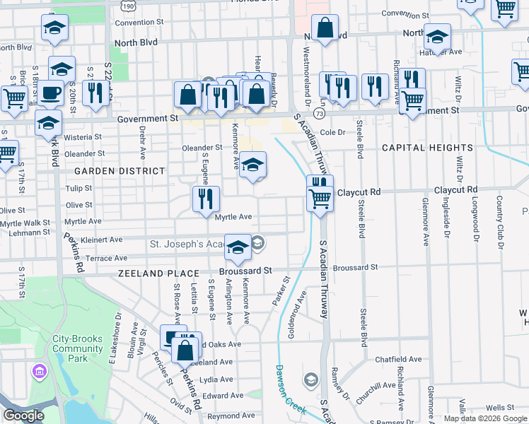 map of restaurants, bars, coffee shops, grocery stores, and more near 3112 Claycut Road in Baton Rouge