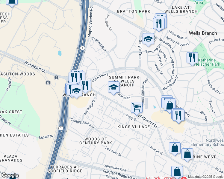 map of restaurants, bars, coffee shops, grocery stores, and more near 14050 Summit Drive in Austin