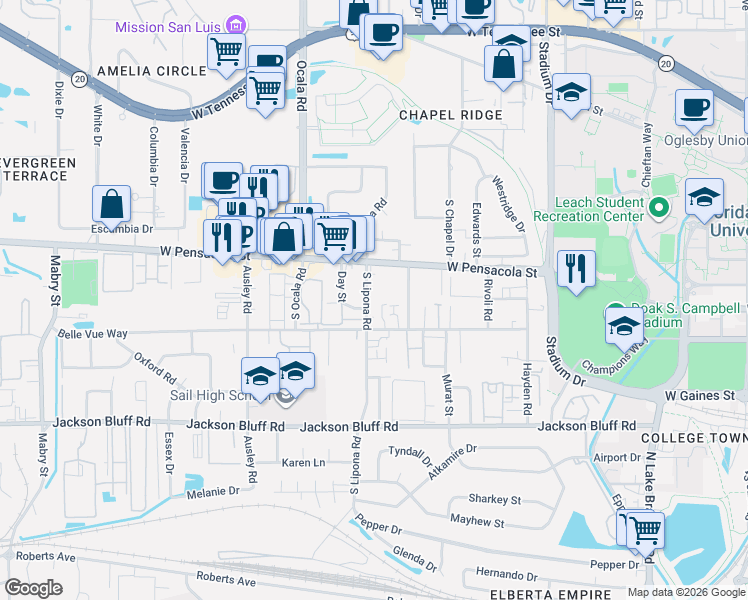 map of restaurants, bars, coffee shops, grocery stores, and more near 1861 West Pensacola Street in Tallahassee