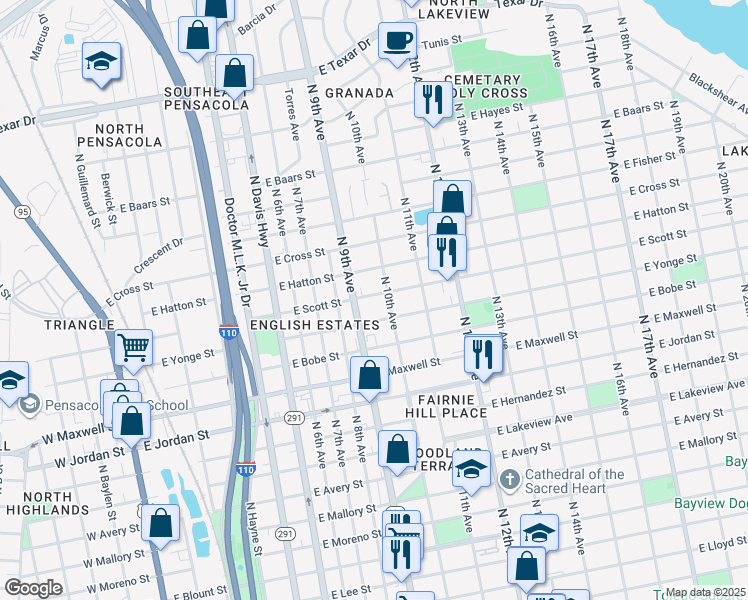 map of restaurants, bars, coffee shops, grocery stores, and more near 921 East Scott Street in Pensacola